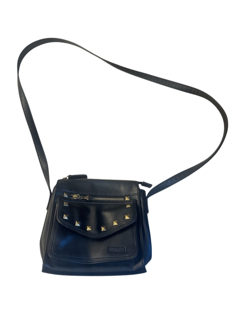 Nine West Black Studded Crossbody Bag Goth Front Flap Pocket Grommet Rock Grunge